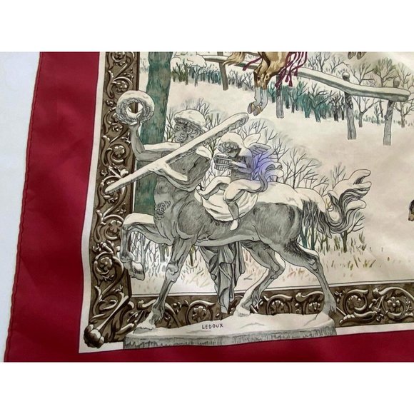 HERMÈS PARIS "L'hiver"By Ledoux Red Horses Snow Hunting Scarf SQR 34’’GD COND - Picture 8 of 9